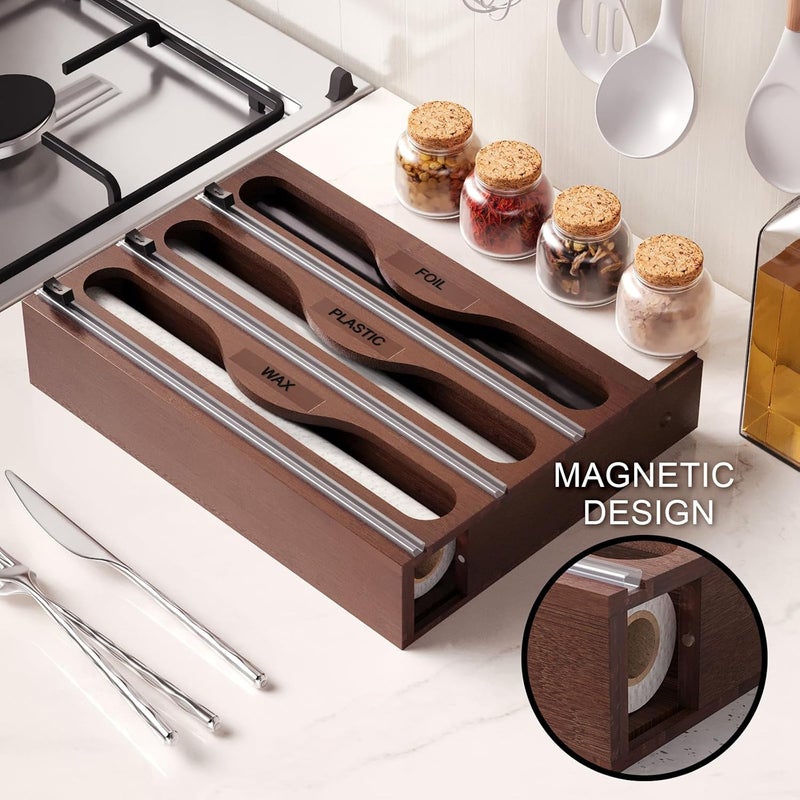 Danfoxer Wrap Dispenser with Cutter and Labels, Plastic Wrap Organizer For Kitchen,Bamboo 3-in-1 Wrap Dispensers for Cling Wrap Aluminum Foil and Wax,Storage Organization Holder（Brown） - Image 2